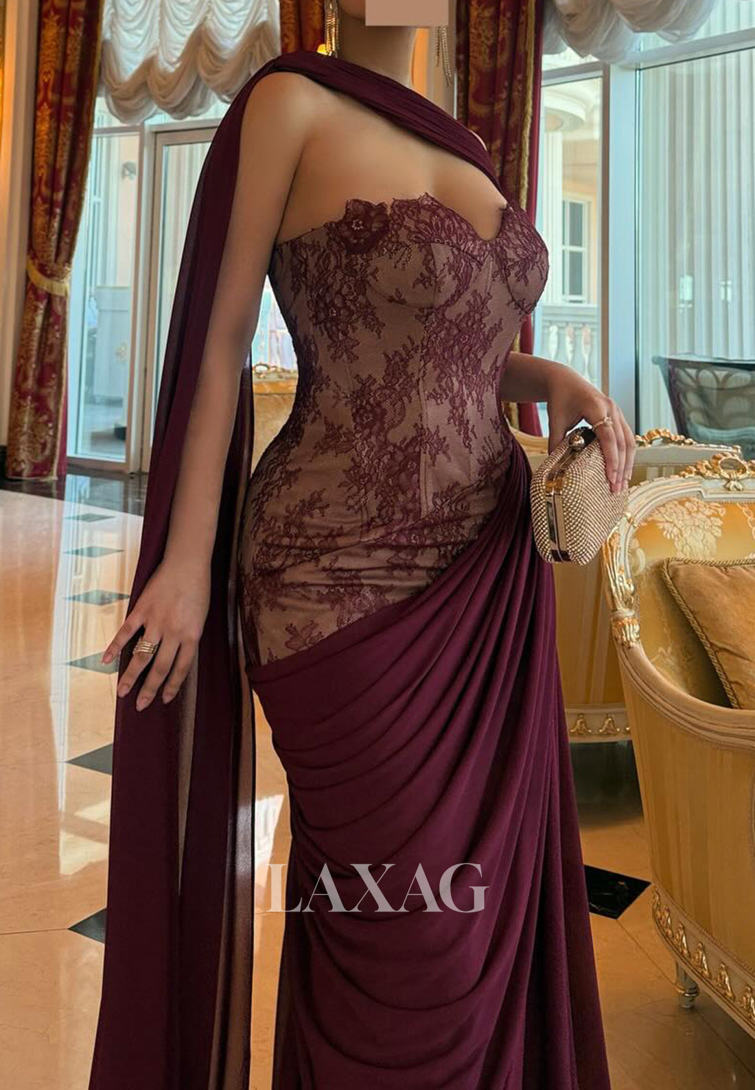 Sweetheart Sleeveless Lace&Chiffon Pleated Floor-Length Mermaid Evening Dress