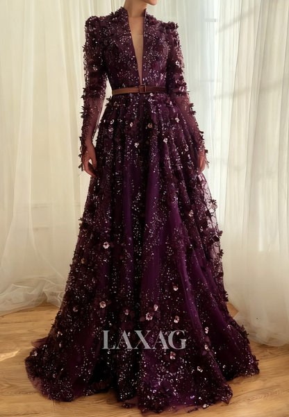 A-Line Plunging V-Neck Long-Sleeves Prom Dress Sequined Floral Embellished Tulle Party Gowns