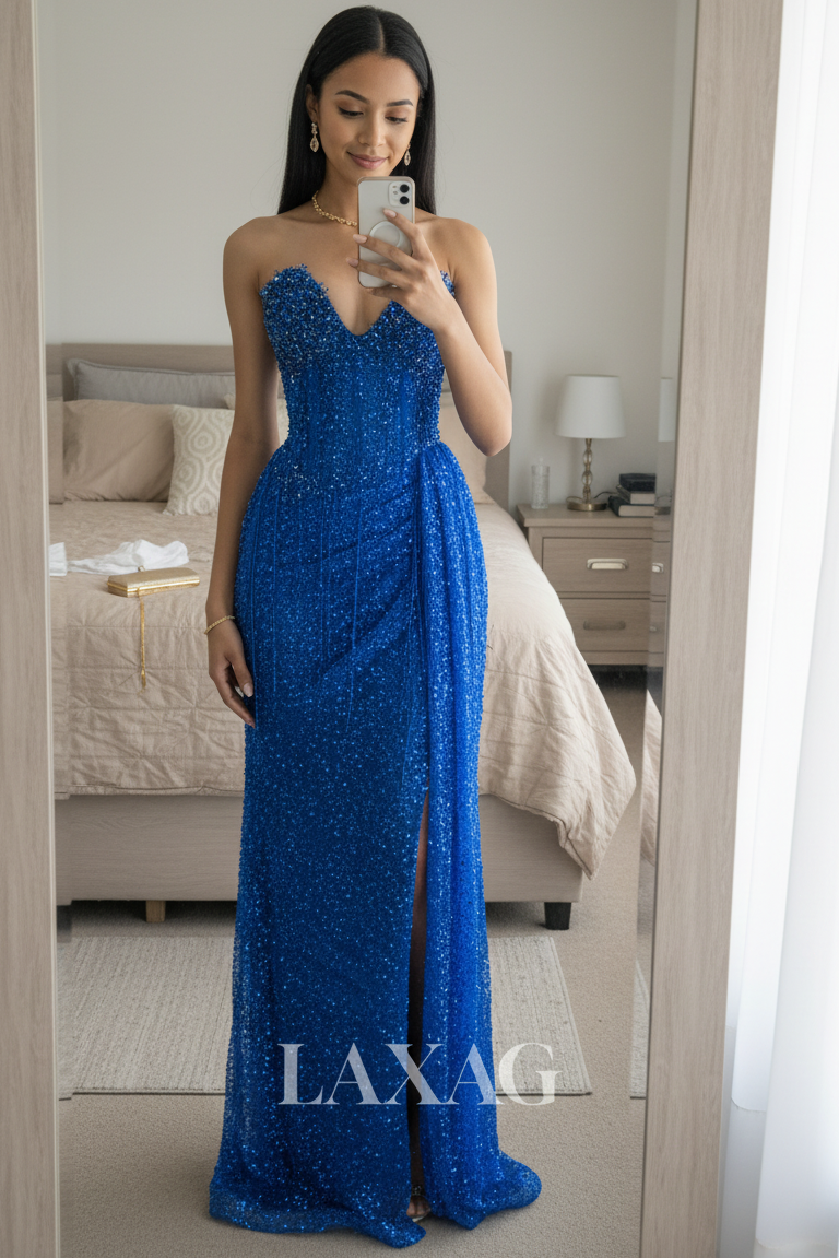 V-Neck Off-Shoulder Sleeveless Mermaid Prom Dress Fully Beaded Pleated High Slit Party Gowns