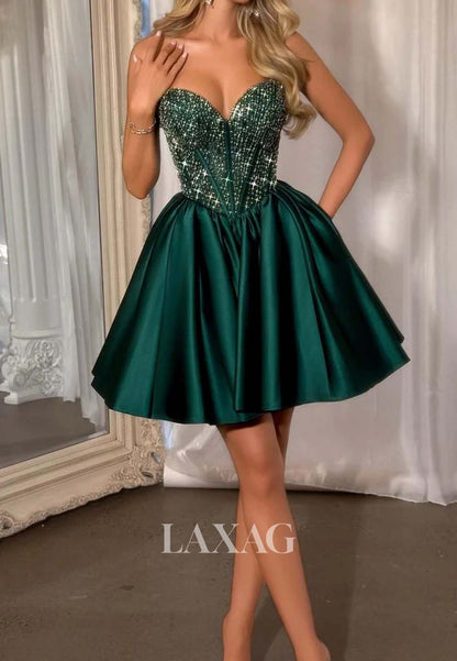 Sweetheart Off-Shoulder Sleeveless Beaded Pleated Satin Short A-Line Party Homecoming Dress