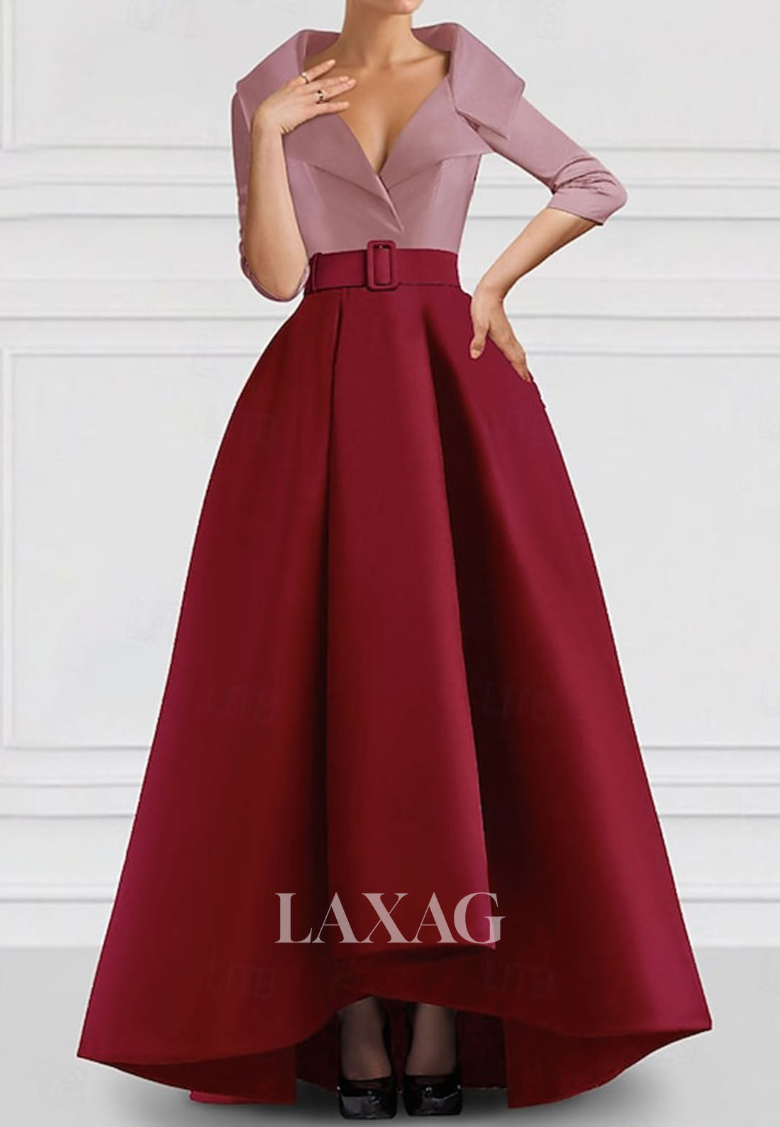 V-Neck Collared 3/4-Sleeves A-Line Evening Dress Two Tone Satin Floor-Length Formal Gowns