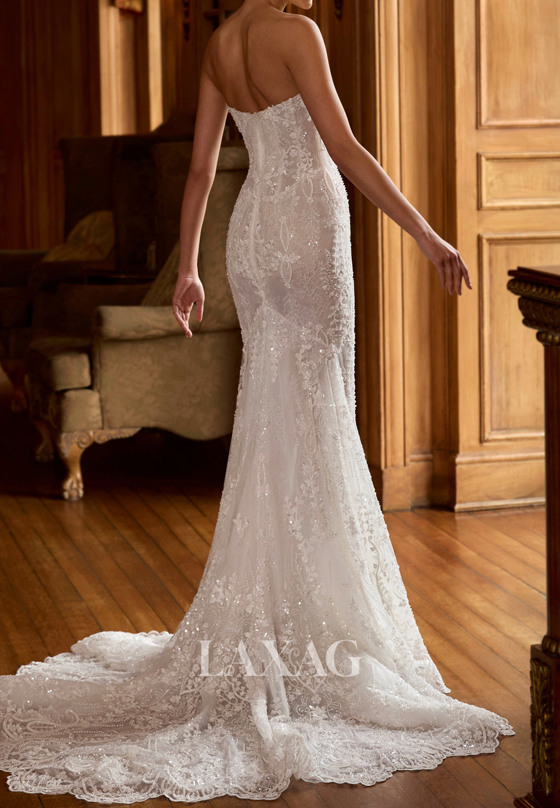 Bateau-Neck Sleeveless Fully Sequined Beaded Lace Sweep Train Mermaid Wedding Dress