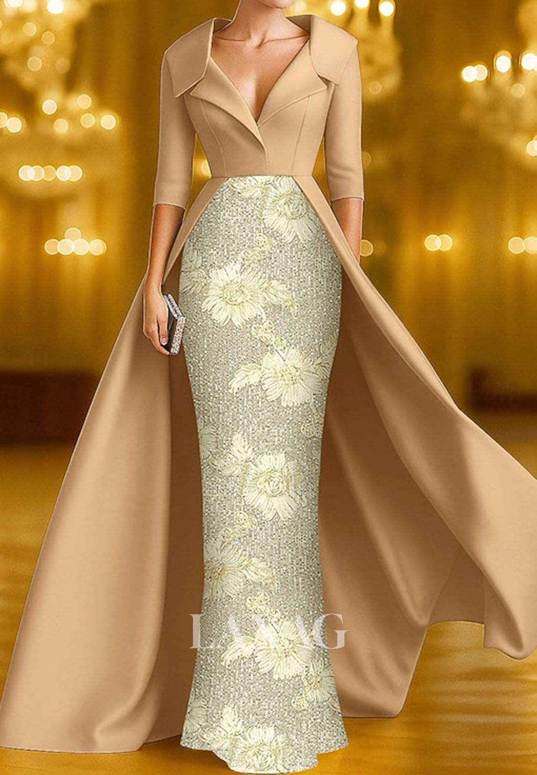 V-Neck Collared 3/4-Sleeves Floor-Length  Sequined Applique Satin Mermaid Evening Dress