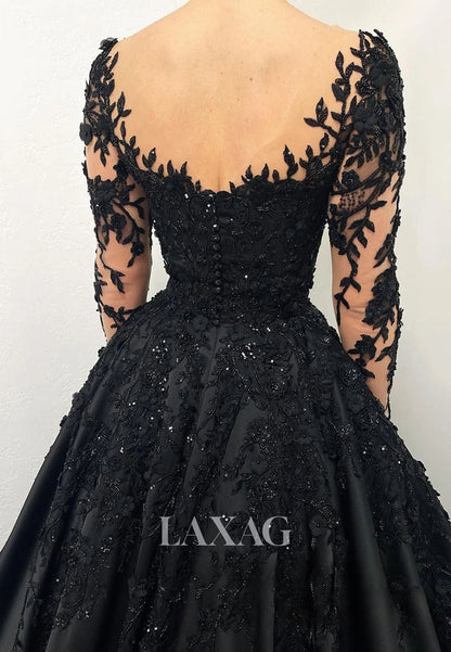 V-Neck Long-Sleeves Pleated Satin A-Line Wedding Dress Sequined Applique Formal Gowns