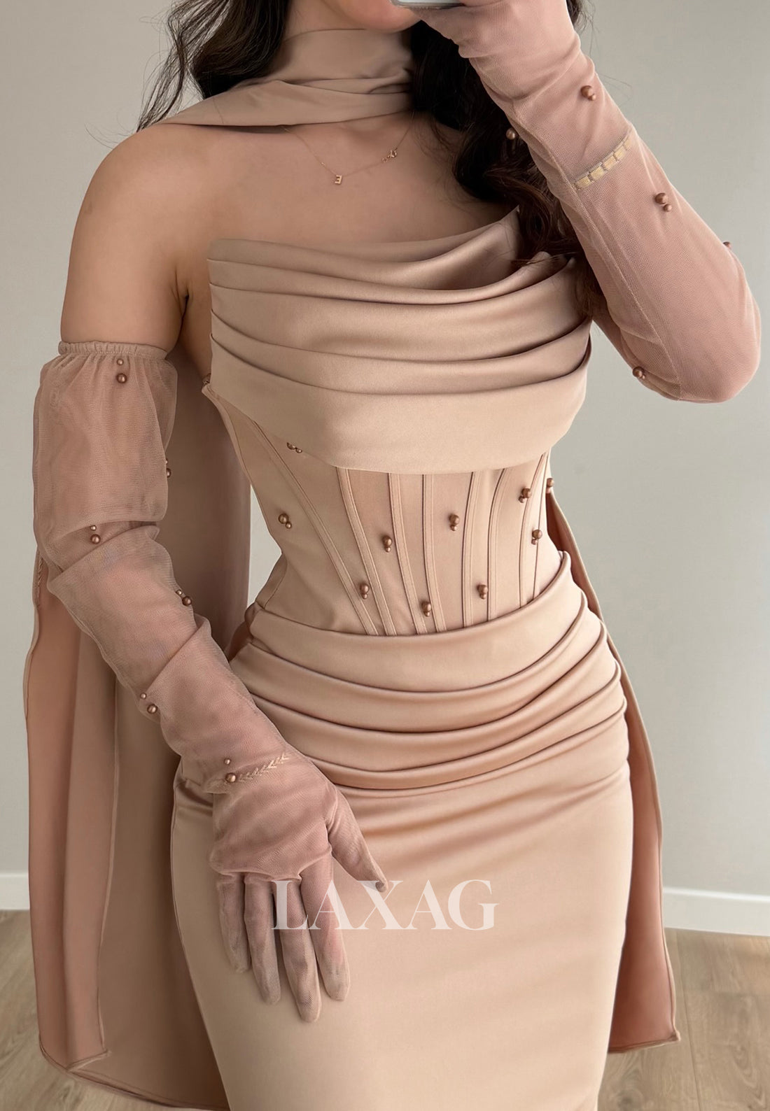 Tube Top Off-Shoulder Floor-Length Beaded Satin Pleated Mermaid Prom Dress with Gloves