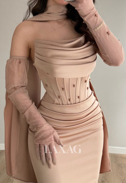 Tube Top Off-Shoulder Floor-Length Beaded Satin Pleated Mermaid Prom Dress with Gloves