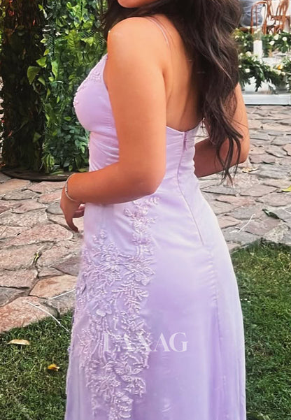 V-Neck Spaghetti Straps Sleeveless Beaded Applique Satin Floor-Length Mermaid Prom Dress