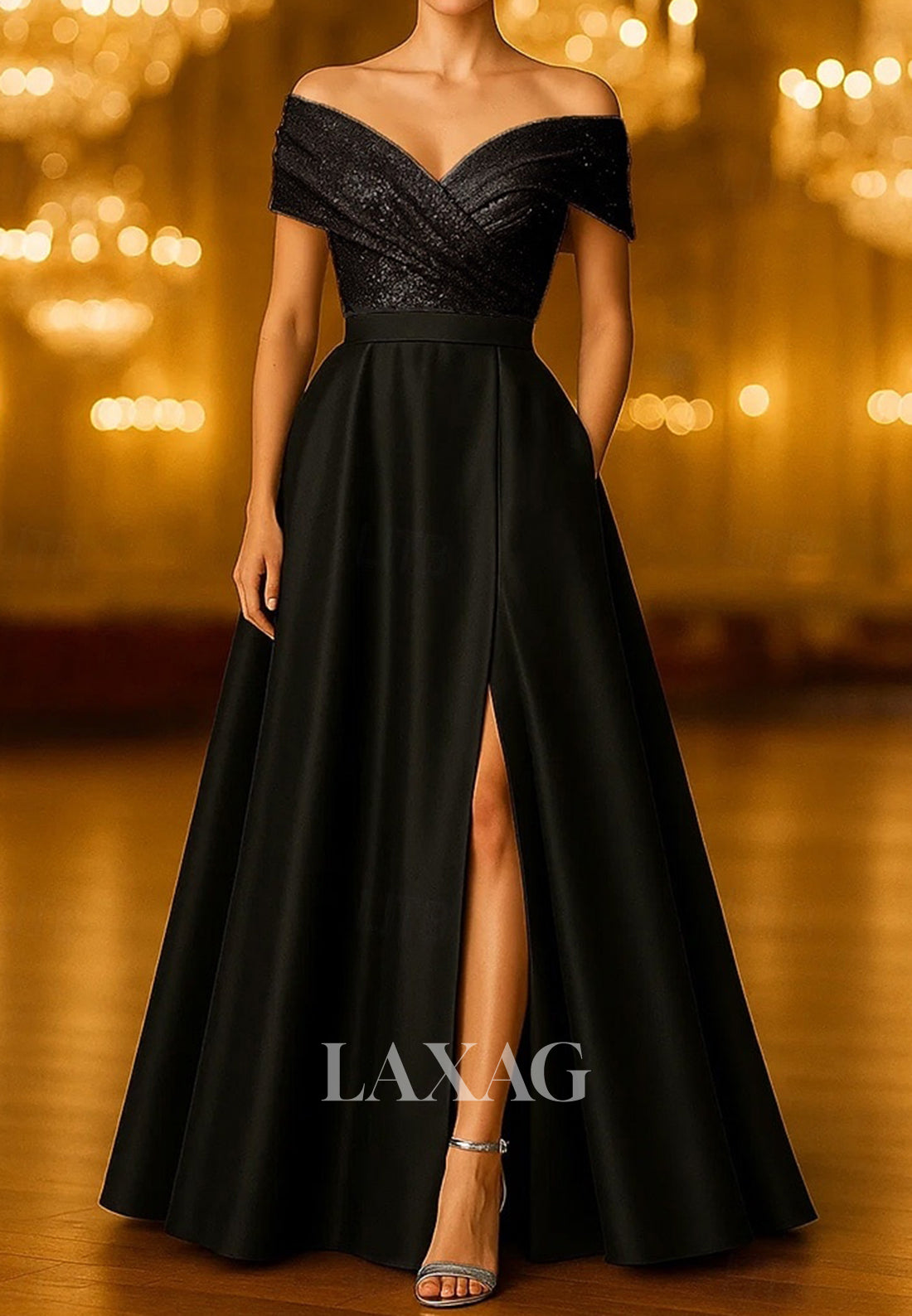 V-Neck Sleeveless Two Tone Sequined Satin Pleated A-Line Mother of the Bride Dress with Slit