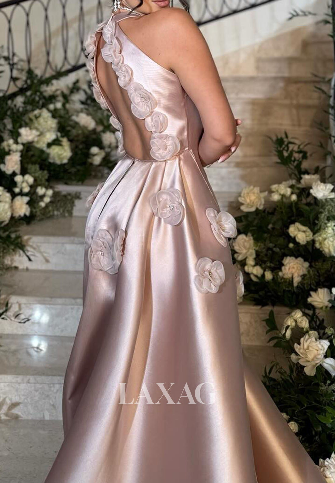 Halter-Sweetheart Sleeveless A-Line Evening Dress Floral Embellished Pleated Satin Formal Gowns