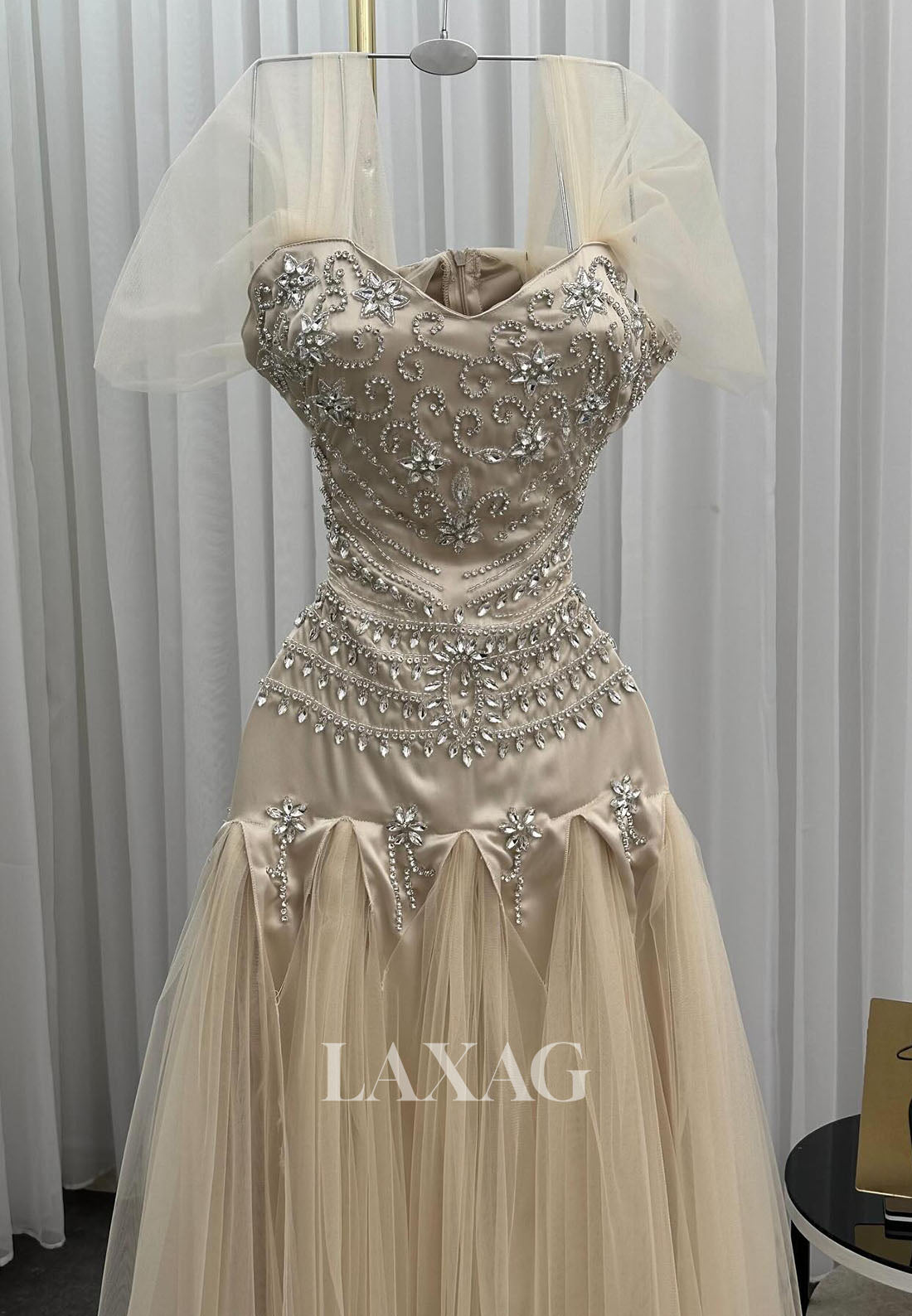 Sweetheart Sleeveless Rhinestone Beaded Pleated Satin Tulle A-Line Formal Evening Dress