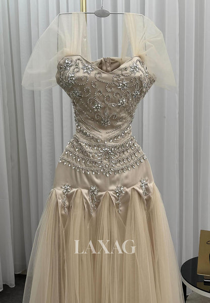 Sweetheart Sleeveless Rhinestone Beaded Pleated Satin Tulle A-Line Formal Evening Dress