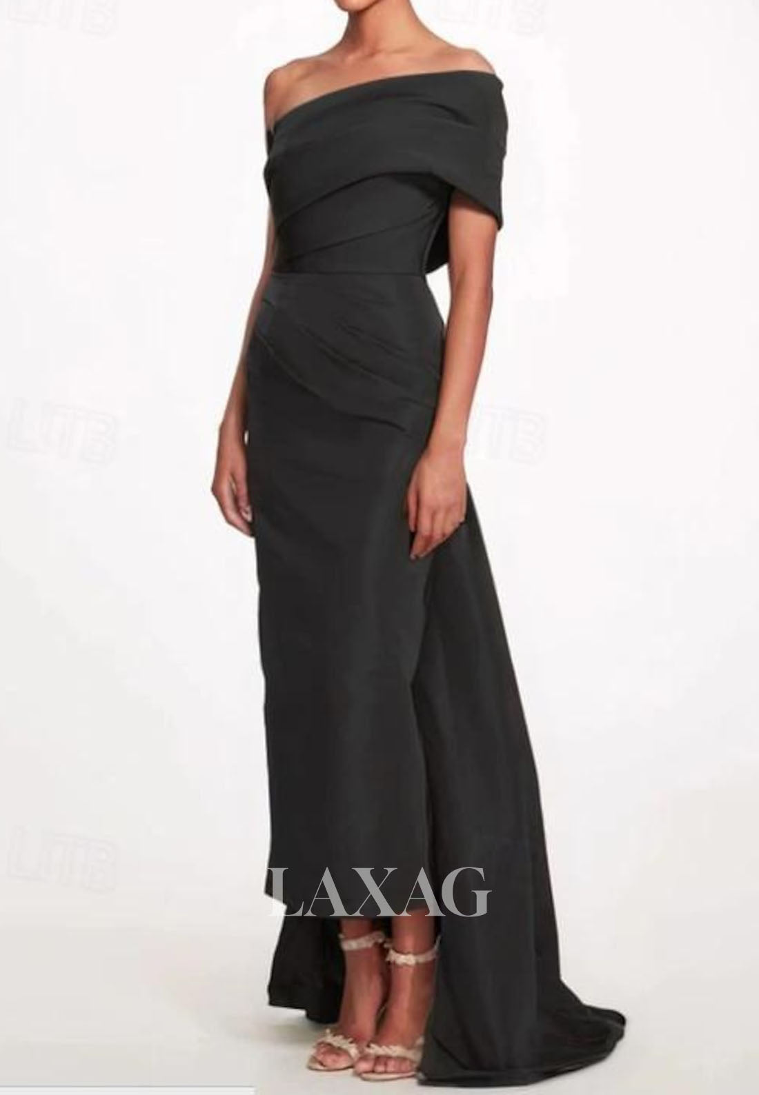 Asymmetrical-Neck Off-Shoulder Sleeveless Pleated Satin Ankle-Length Mermaid Formal Evening Dress