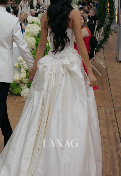 Scoop-Neck Off-Shoulder High Slit A-Line Wedding Dress Beaded Applique Pleated Satin Bride Gowns