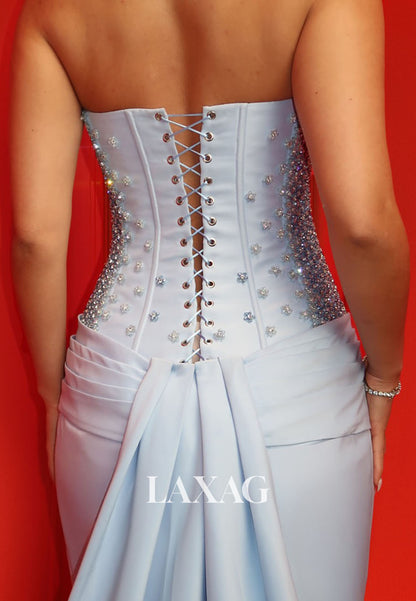 Off-Shoulder Sleeveless Sequined Beaded Satin Pleated Mermaid Formal Evening Dress with Slit