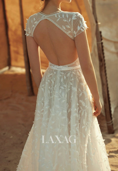 Deep V-Neck Cap-Sleeves Applique Tulle Pleated Sheer A-Line Wedding Dress with Train