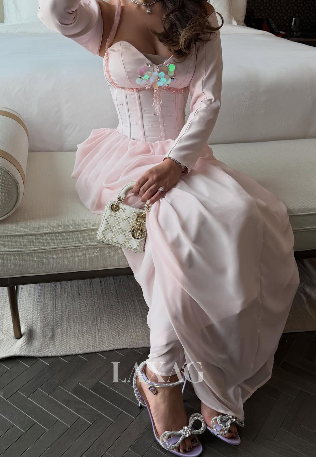 Halter-Sweetheart Long-Sleeves Sequined Beaded Chiffon&Satin Pleated Mermaid Evening Dress
