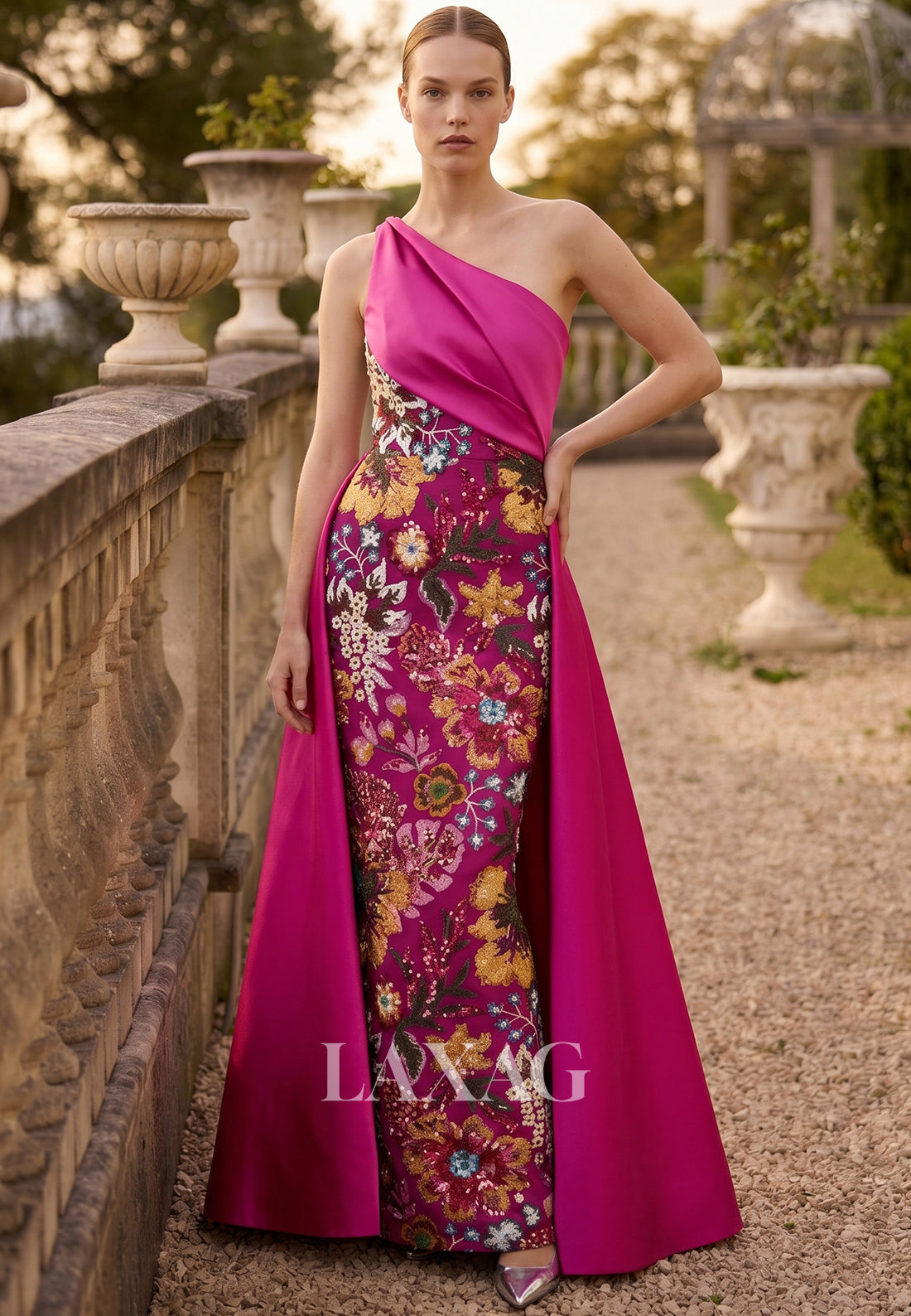 Asymmetrical-Neck Multi-Color Fully Sequined Mermaid Mother of the Bride Dress with Train
