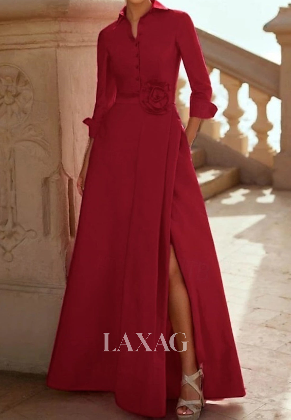 Collared 3/4-Sleeves 3D-Floral Satin Pleated A-Line Mother of the Bride Dress with Slit