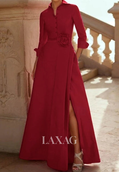 Collared 3/4-Sleeves 3D-Floral Satin Pleated A-Line Mother of the Bride Dress with Slit