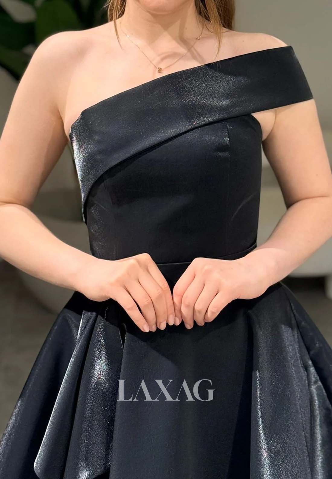 Asymmetrical-Neck Off-Shoulder Sleeveless Pleated Satin A-Line Party Homecoming Dress