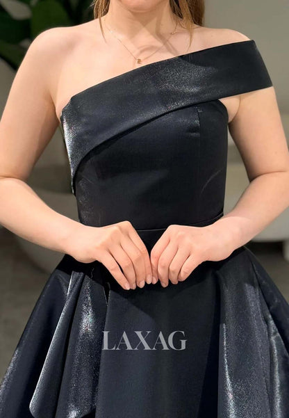 Asymmetrical-Neck Off-Shoulder Sleeveless Pleated Satin A-Line Party Homecoming Dress