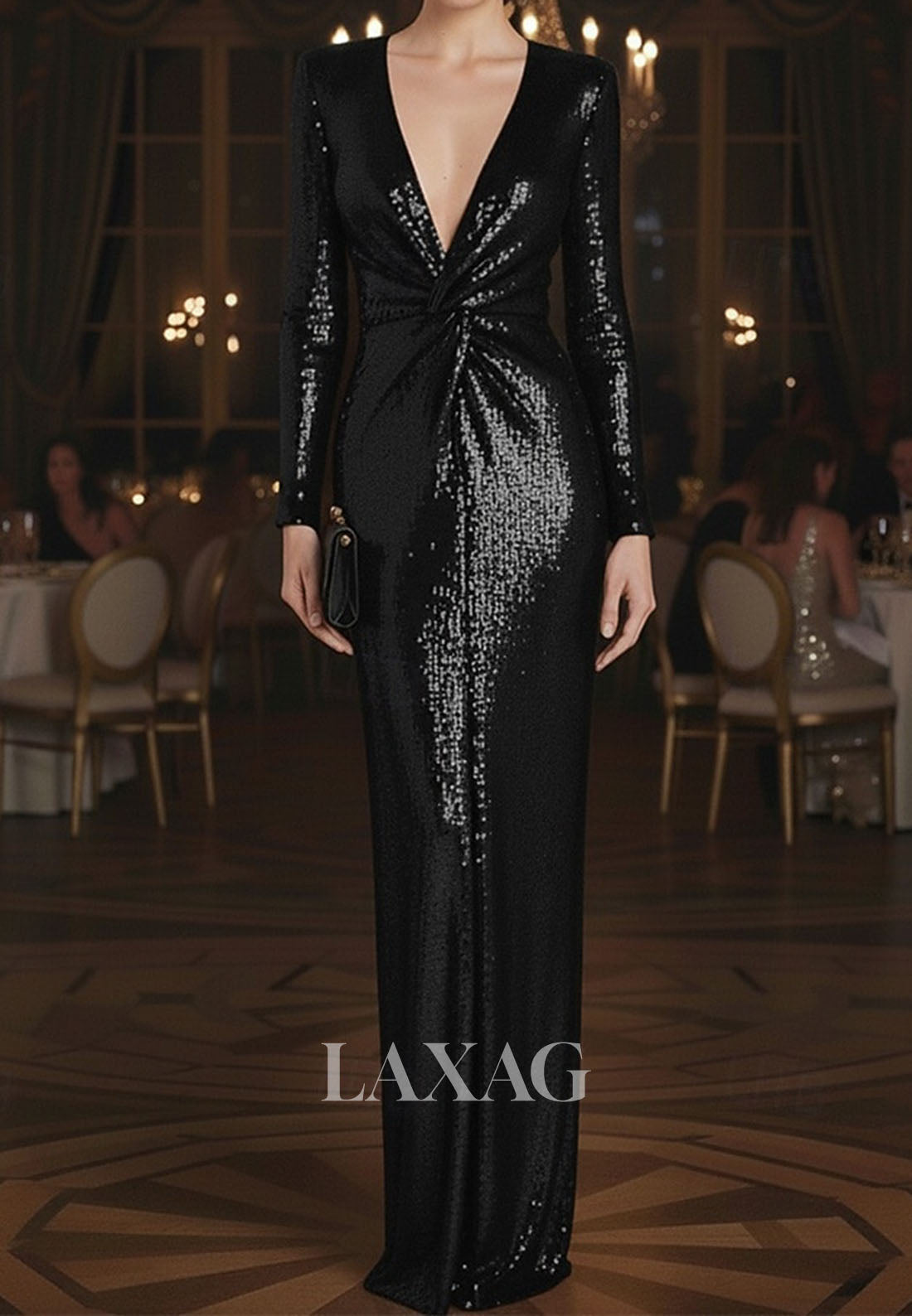 Deep V-Neck Long-Sleeves Fully Sequined Pleated Floor-Length Mermaid Formal Evening Dress