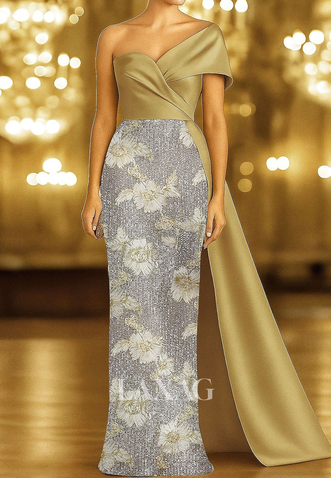 Asymmetrical-Neck Sleeveless Sequined Applique Satin Pleated Floor-Length Mermaid Evening Dress