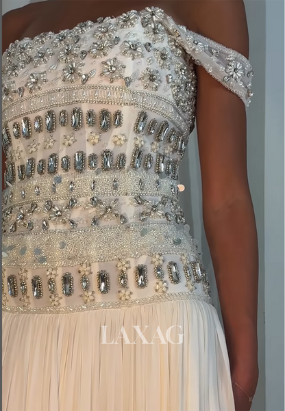Bateau-Neck Sleeveless Rhinestone Beaded Party Gowns Floor-Length Chiffon Pleated A-Line Prom Dress