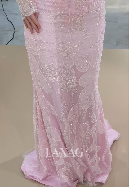 Bateau-Neck Long-Sleeves Meramid Evening Dress Fully Sequined Beaded Formal Gowns