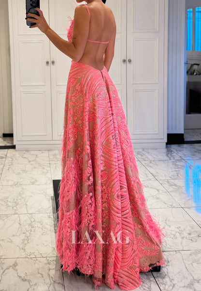 V-Neck Spaghetti Straps A-Line Evening Dress Sleeveless Sequined Applique Tulle Prom Gowns