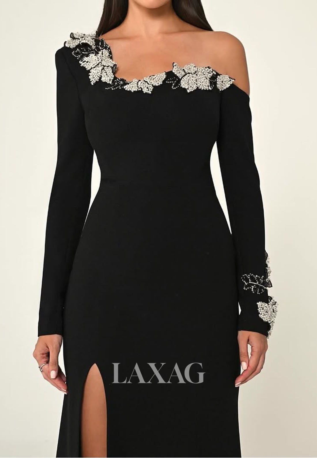 Asymmetrical-Neck Satin Mermaid Evening Dress Long-Sleeves Beaded Floral Formal Gowns