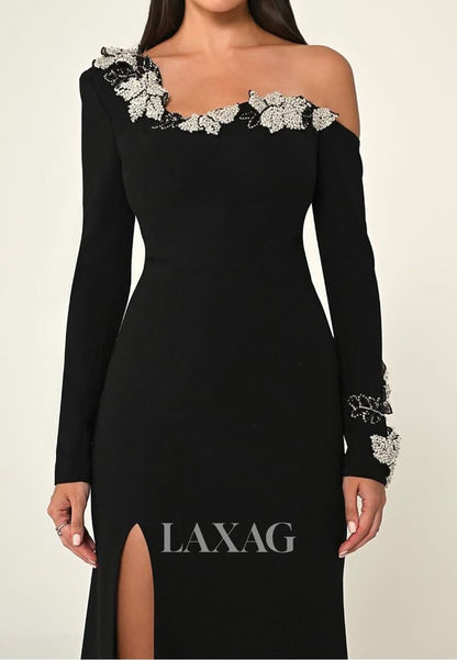 Asymmetrical-Neck Satin Mermaid Evening Dress Long-Sleeves Beaded Floral Formal Gowns
