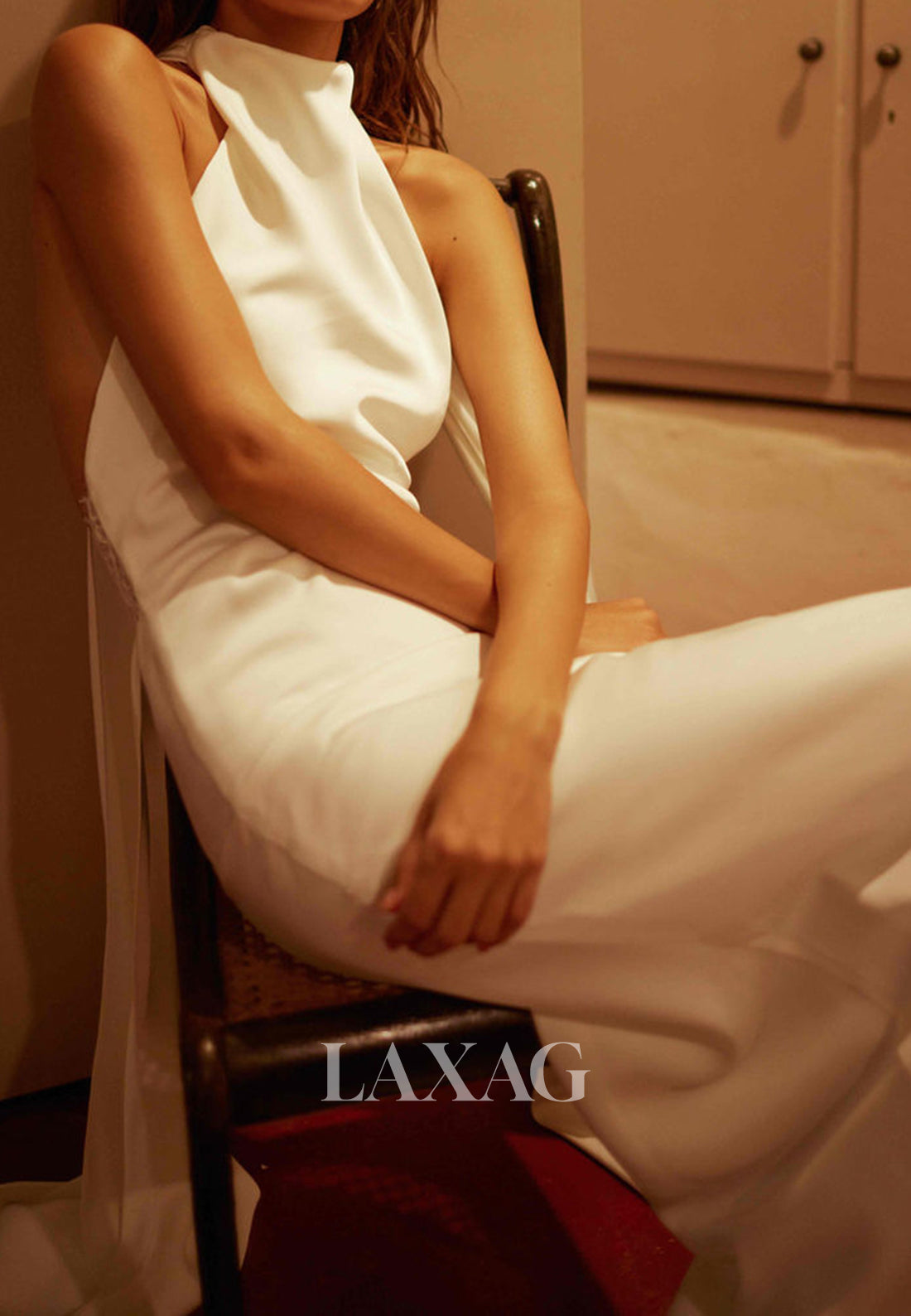 Halter-Neck Off-Shoulder Sleeveless Satin Floor-Length Simple Mermaid Wedding Dress