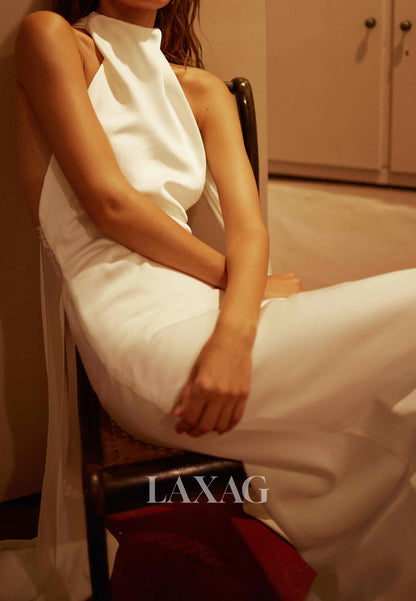 Halter-Neck Off-Shoulder Sleeveless Satin Floor-Length Simple Mermaid Wedding Dress