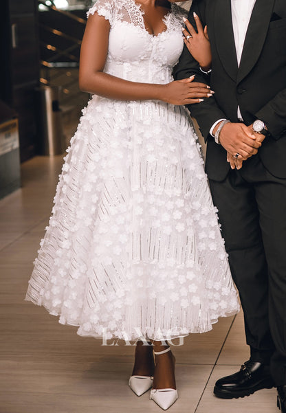 Sweetheart Cap-Sleeves Sequined 3D-Floral Lace Pleated Tea-Length A-Line Wedding Dress