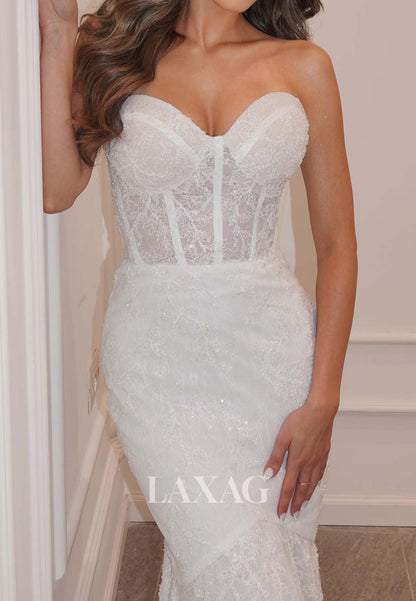 Sweetheart Allover Lace Applique Bride Gowns Sleeveless Sweep Train Mermaid Wedding Dress