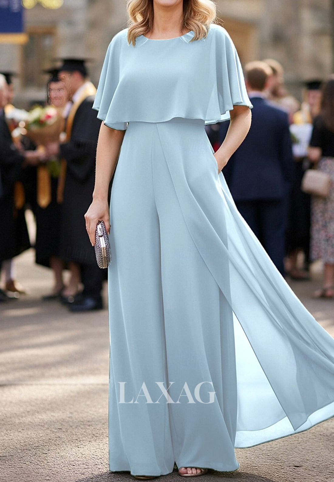 Scoop-Neck Sleeveless Chiffon Pleated Jumpsuit Mother of the Bride Dress with Overlay