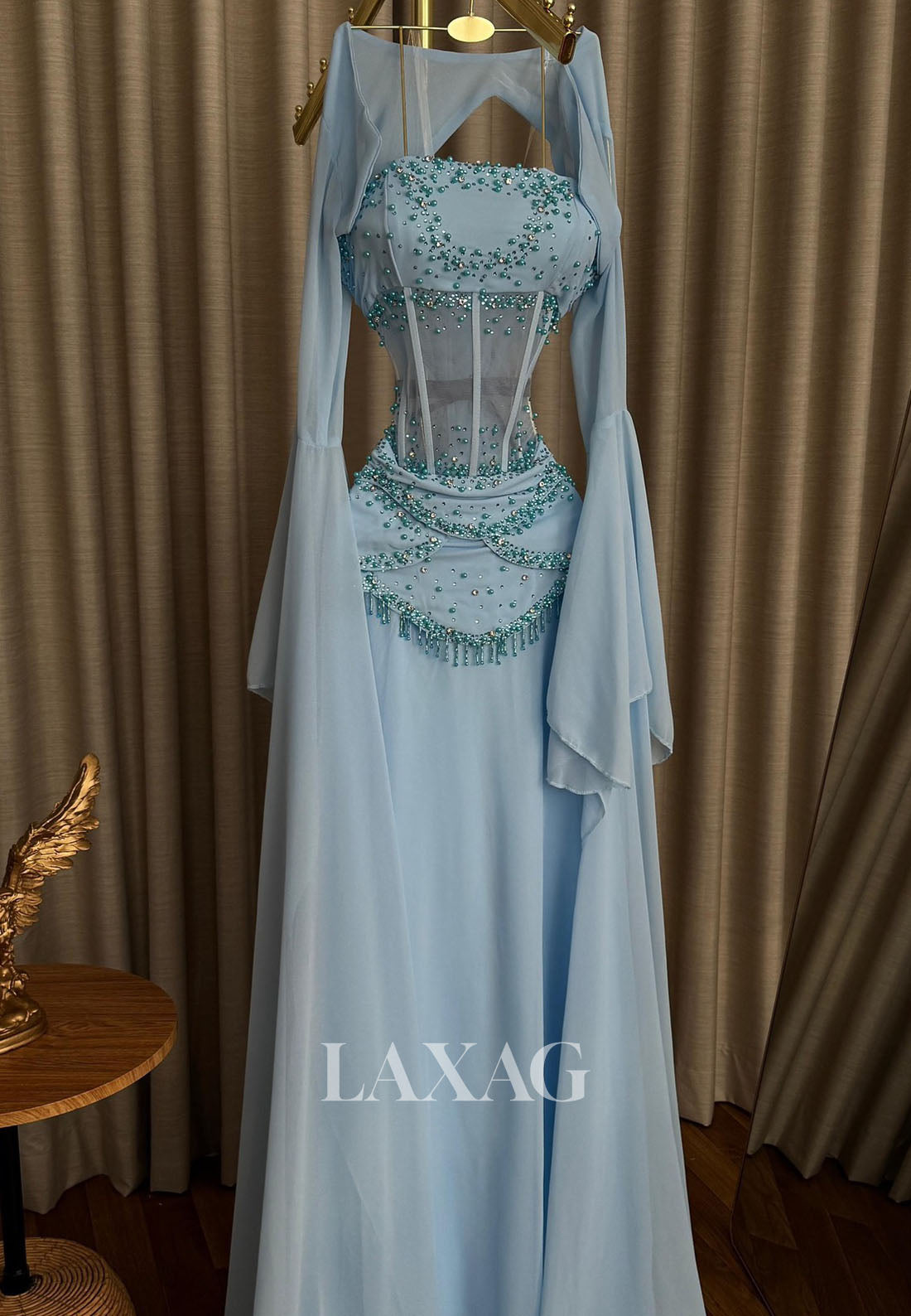 Off-Shoulder Tube Top A-Line Evening Dress Sequined Beaded Pearls Pleated Chiffon Formal Gowns