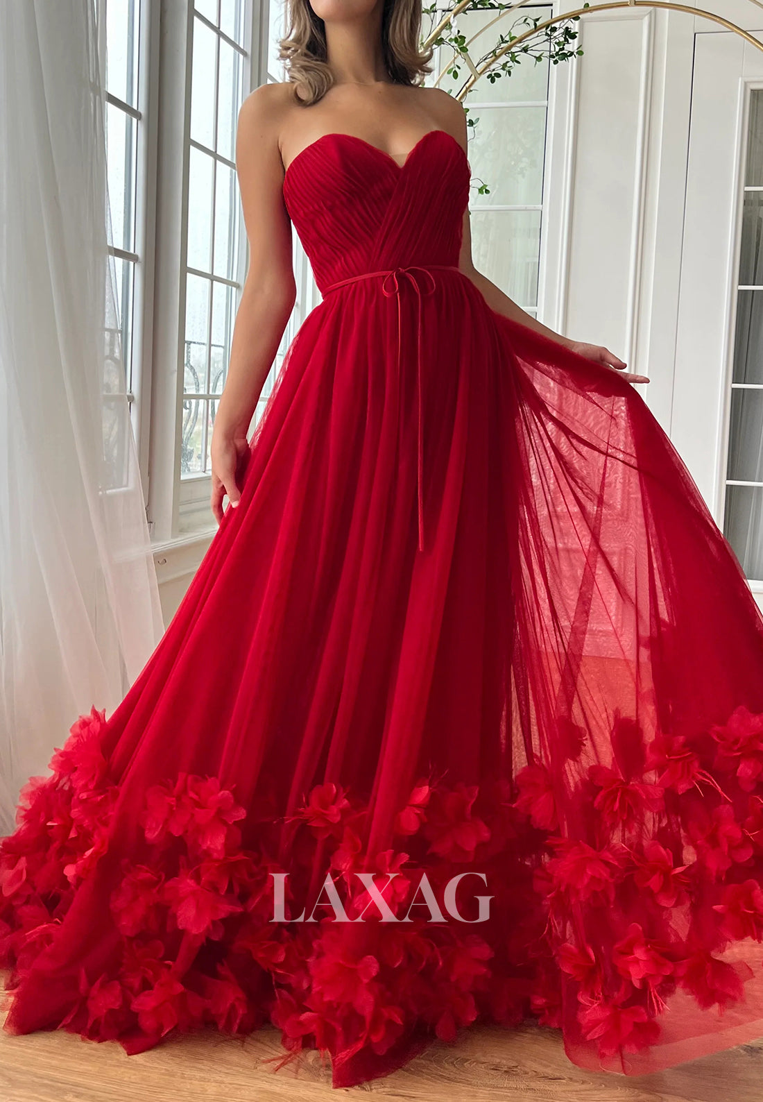 Off-Shoulder Sweetheart A-Line Prom Dress Floral Embellished Pleated Tulle Evening Gowns