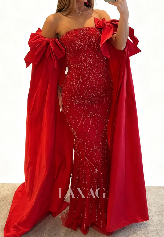 Tube Top Cape-Sleeves Pleated Satin Party Gowns Fully Sequined Beaded Mermaid Prom Dress