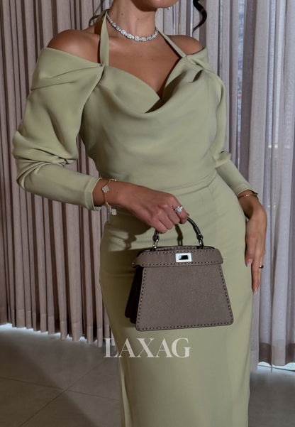 Halter-Neck Off-Shoulder Long-Sleeves Pleated Chiffon Floor-Length Mermaid Evening Dress