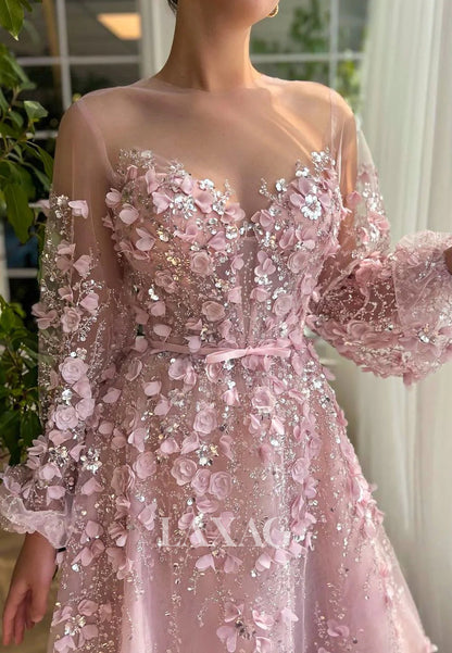 Sweetheart Long-Sleeves Sequined Party Gowns Tulle Floral Embellished A-Line Prom Dress