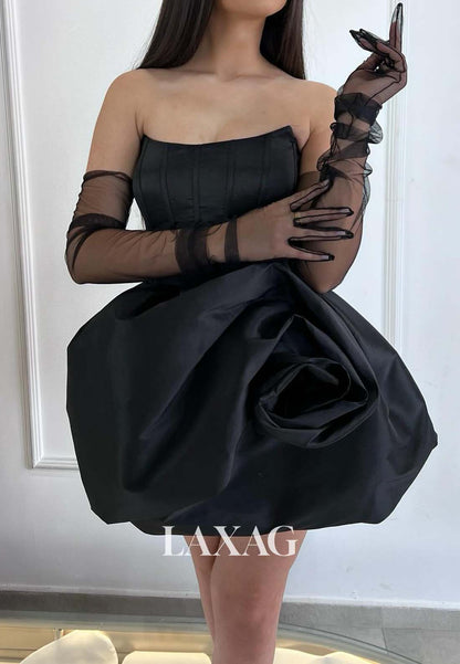 Scoop-Neck Off-Shoulder Pleated Satin A-Line Homecoming Dress with Long-Tulle-Gloves