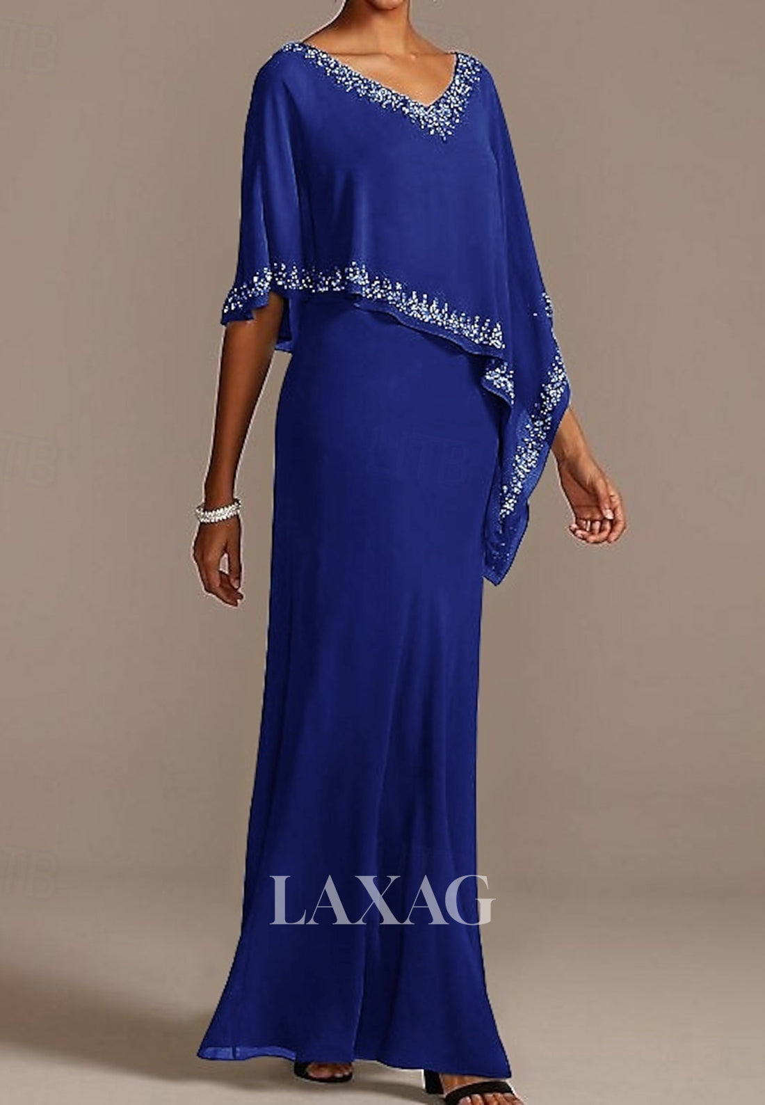 V-Neck Floor-Length Sequined Beaded Chiffon Mermaid Mother of the Bride Dress