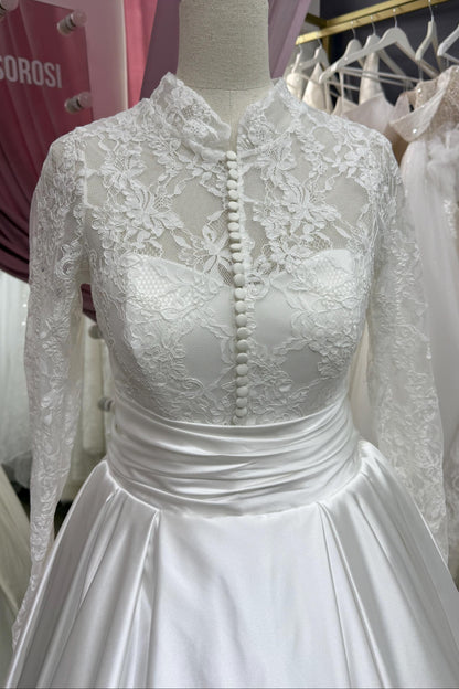 High-Neck Long-Sleeves Beaded Lace Applique Tulle&Satin Pleated A-Line Wedding Dress