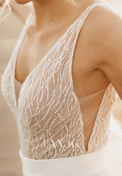Deep V-Neck Sleeveless Sequined Beaded Tulle&Satin Sheer Floor-Length Wedding Jumpsuit