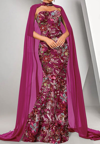 Sweetheart Pleated Chiffon Formal Gowns Sequined Applique Mermaid Evening Dress with Overlay