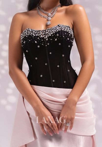 Off-Shoulder Sweetheart Beaded Evening Gowns Pleated Satin Floor-Length Fitted Prom Dress