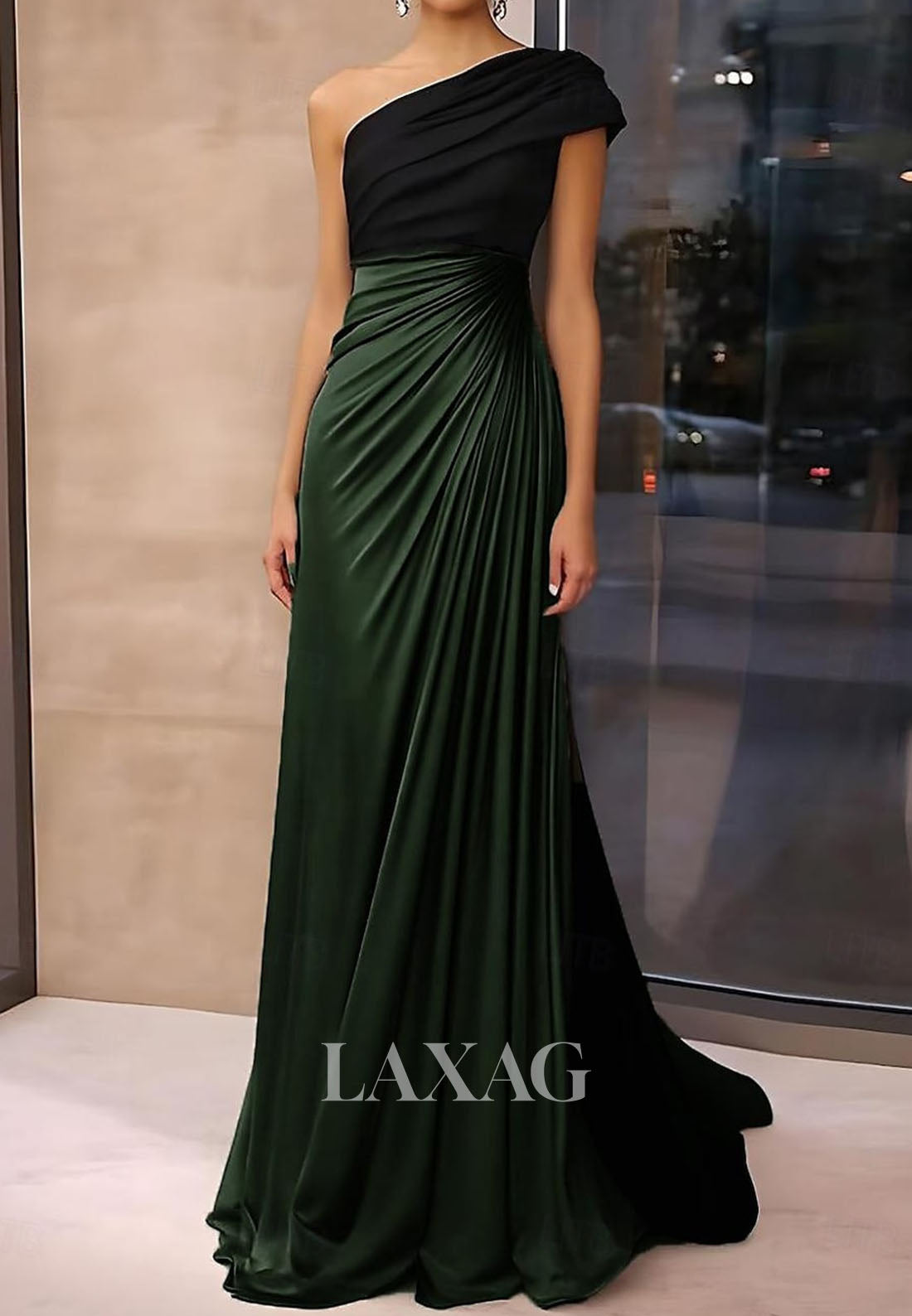 Asymmetrical-Neck Satin Pleated Formal Gowns Floor-Length Long A-Line Evening Dress