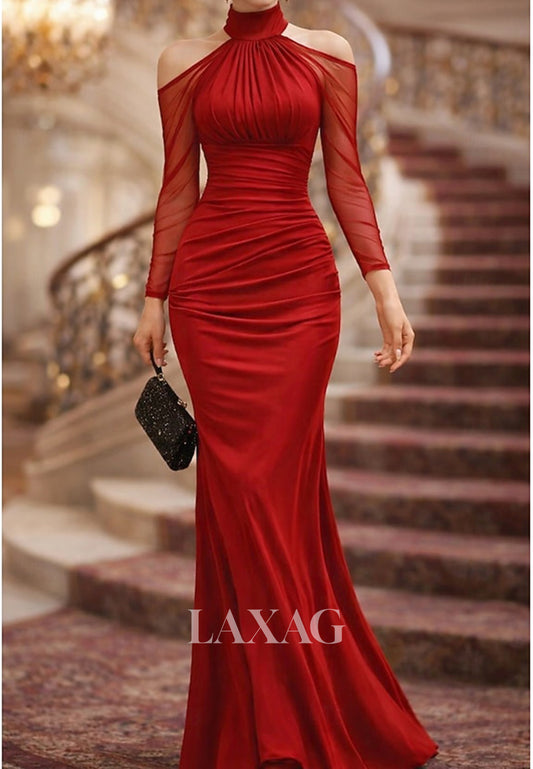 Halter-Neck Off-Shoulder Long-Tulle-Sleeves Satin Pleated Floor-Length Mermaid Evening Dress